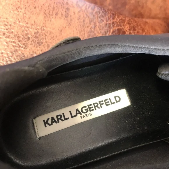 Embellished Karl Lagerfeld Black Slip-on Leather Sneakers Size 10M - Picture 9 of 10